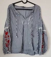 Tommy Hilfiger Blouse Shirt Medium Blue Striped V-Neck Embroidered