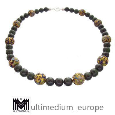 Alte Nephrit Jade Halskette Collier Cloisonne Emaille Silber enamel necklace
