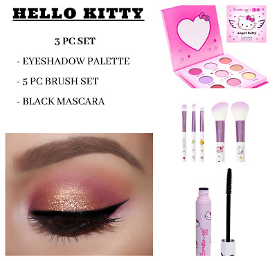 HELLO KITTY 3 PC SET EYESHADOW PALLETE BRUSH SET AND BLACK MASCARA