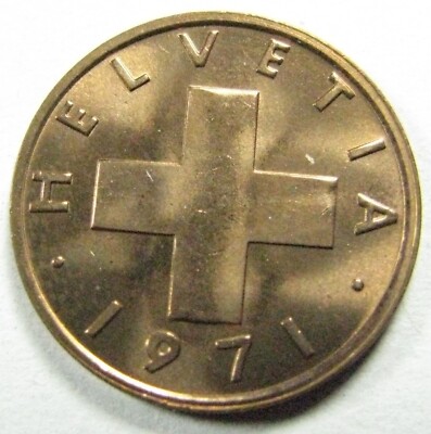 1971 Switzerland 1 Rappen, Copper-Nickel, Small Change, World
