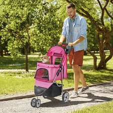 3 Wheels Pet Stroller for Dogs and Cats Foldable Pet Stroller w/ Cup Holder Pink