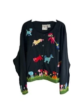 Vintage 90s Michael Simon Womens 2XL Rainbow Puppy Dog Stitched Cardigan Sweater