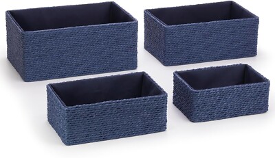 4 Stück Aufbewahrungskorb Handgewebt Papier Seil Geschenkkorb Box Organizer Truhe Blau Neu