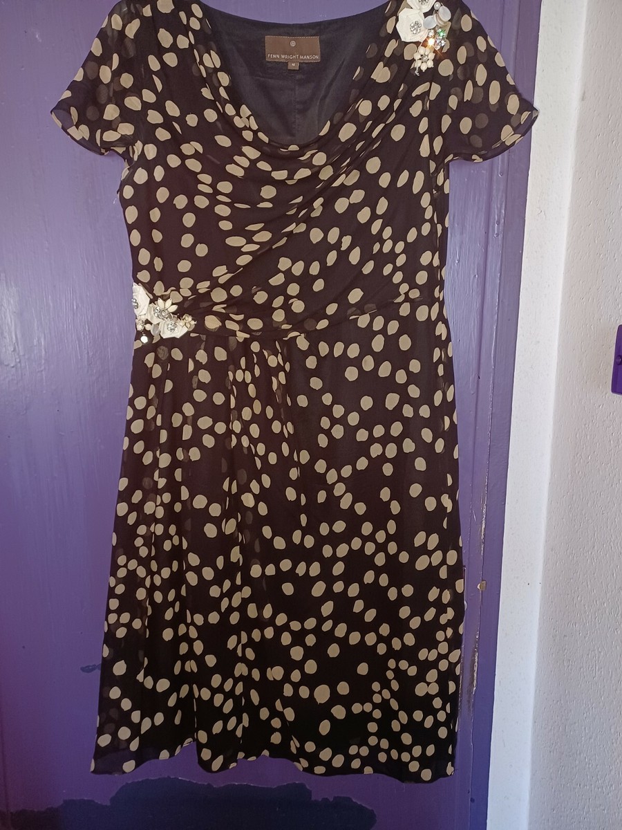 FENN WRIGHT MANSON SILK BROWN BEIGE SPOTTY DRESS WITH BEAD 16