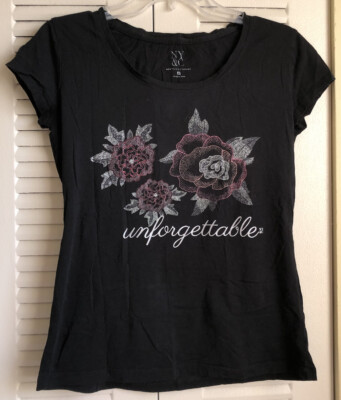 NY&C Women's Small Black T-Shirt w/Sparkly Roses ~Excellent Used Condition~