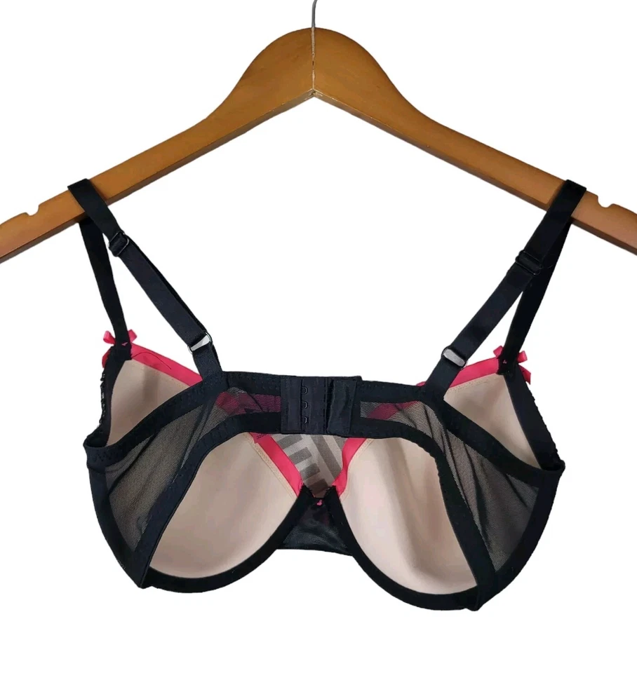 Betsey Johnson Lace Bra Size 32DD Black Pink Lace Padded Push Up Underwire Alt - Image 3 of 4