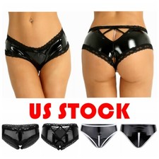 Women Wet Look Mini Hot Pants Patent Leather Open Crotch Low Rise Underwear