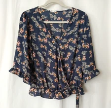 Sienna Sky Cross Over Tie Top 3/4 Slv, Elastic Ruffle Hem, Blue Floral L  #15102