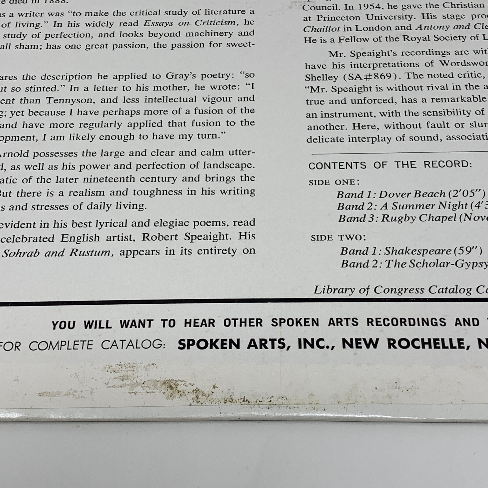 RARE Spoken Arts Treasury Matthew Arnold Vinyl Album Library of