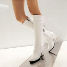 Women's Riding Knee High Boots Buckle Strap Mid Block Heel shoes knight boots