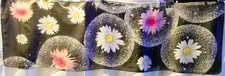 Vintage Womens Scarf Black with Large Daisies Pink White Yellow Polyester 18x60