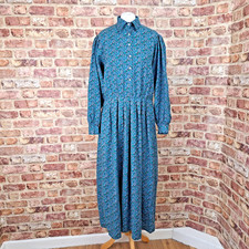 Vintage Dress Green Blue Floral Paisley 14 Long Sleeve Length Button Up Flare