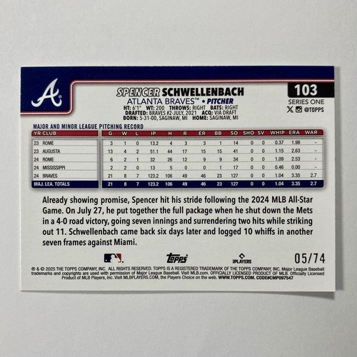2025 Topps Series 1 #103 Spencer Schwellenbach Braves Limited to 74 Excellent - Picture 24 of 24