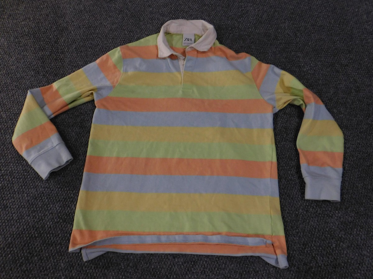 Zara Shirt Mens Medium Pastel Multicolor Stripe Rugby Polo Long