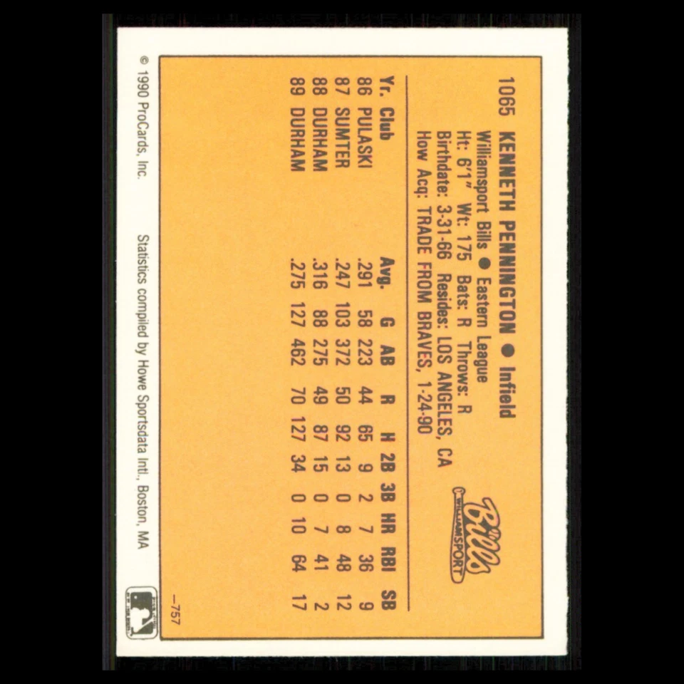 Ken Pennington #1065 1990 ProCards Williamsport Bills Baseball Card MLB NM - Image 2 of 3