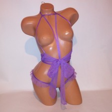 Victoria Secret Lingerie Teddy Bodysuit One Piece Purple Strappy Tulle Cutout