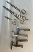 Lot Of Vintage Razors And Grooming Scissors. Set 7