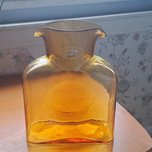Blenko Amber Hand Blown Art Glass Pitcher Glossy Finish Abstract Shape