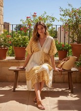 Mustard Gold & White Kaftan - Paisley Embroidered V-Neck Maxi Resort Dress