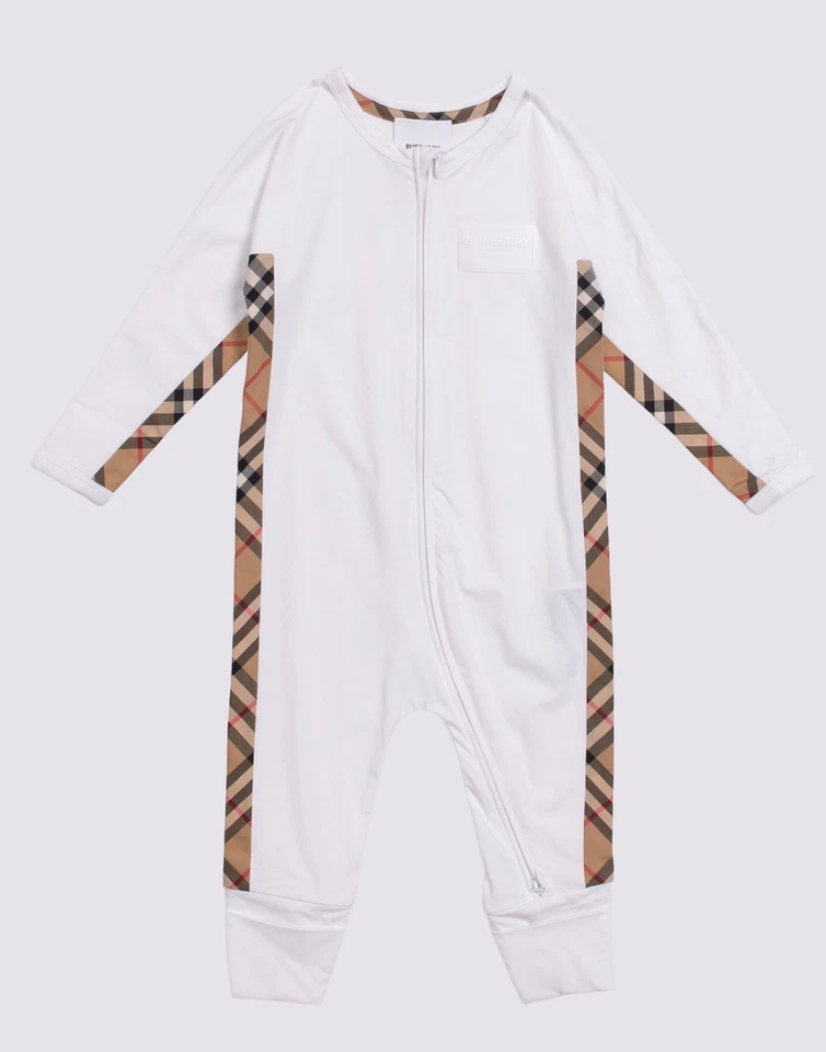 Set cappello e bavaglino tuta bambino Burberry RRP€329 taglia 9M 74CM bianco righe a quadri - Immagine 2 di 4