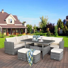 Patiojoy 7 PCS Patio Rattan Dining Set Sectional Sofa Couch Ottoman White Garden