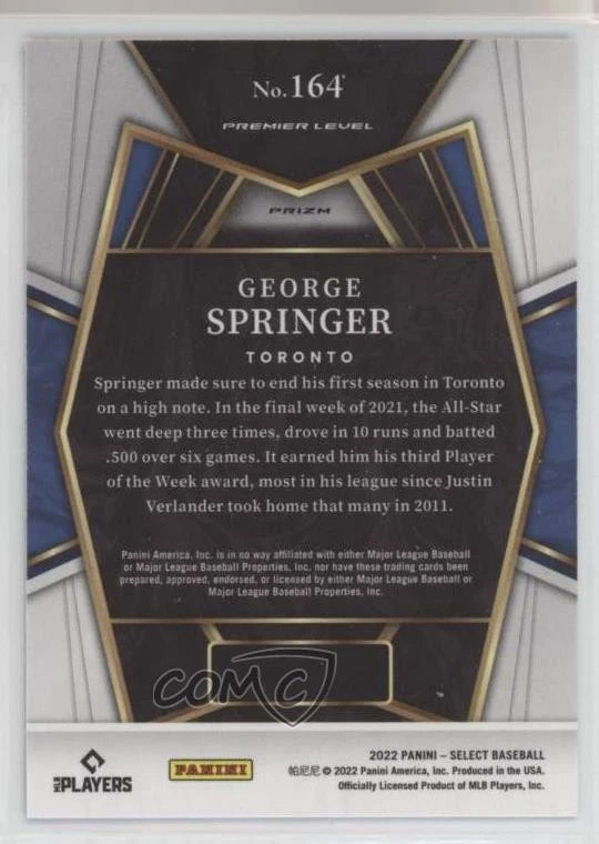 2022 Panini Select Premier Level Tri-Color Prizm George Springer #164 - Image 2 of 2