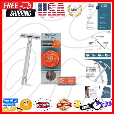23C Double Edge Safety Razor - Polished Chrome, Long Knurled Brass Handle, , ...
