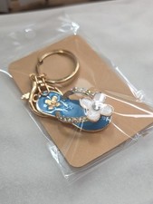 Ladies Blue White Flower Sandal Flip Flop Keychain Bag Charm Purse Charm Beach