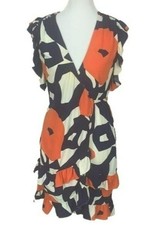 Vibrant Geometric Print V Neck Wrap Dress With Ruffled Hem Orange Navy White