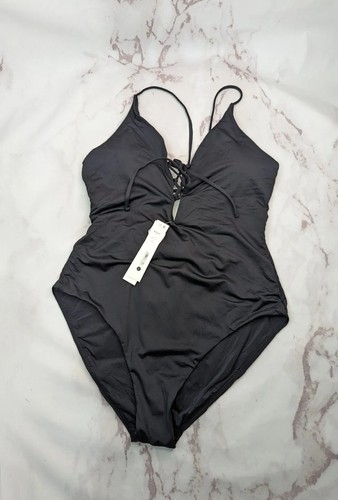 Aqua Swim Bathing Suit Womens Large One Piece Black Cut Out Open Back Lattice V - Picture 2 of 13