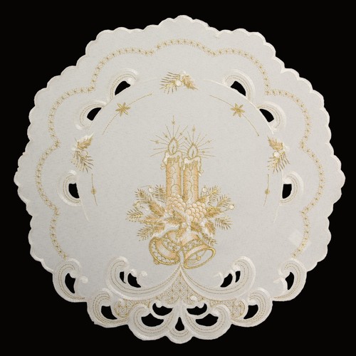 Christmas Tablerunner Topper Doily Tablecloth Gold Candle Embroidery Linen Look - Picture 5 of 11