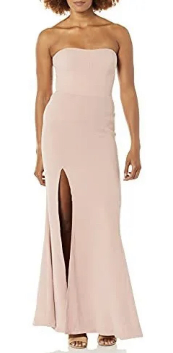 dress the population ellen gown Dress the Population Women's Ellen Strapless Dress Solid Crepe Long Gown W  Slit Dress, Bronze, S at Amazon Women's Clothing store