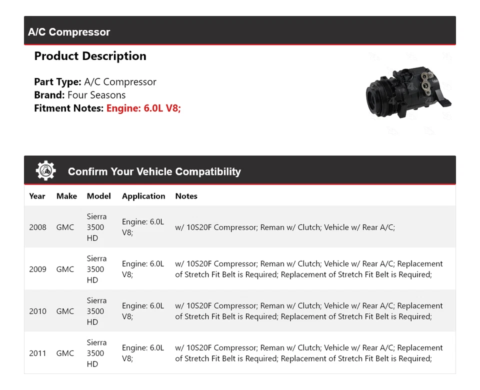 Compresor de aire acondicionado para GMC Sierra 3500 HD 2008-2011 6,0 L V8 4 estaciones 2009 2010 Foto 2 de 4