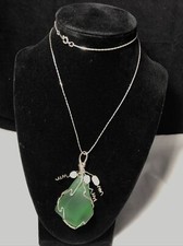 Unique Green Sea Glass Real Pearl Pendant On 18k White Gold Plated Chain 22"