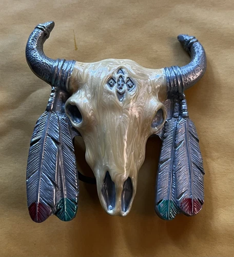 INDIAN FEATHER SKULL BELT BUCKLE NEW APPROXIMATELY 2 7/8" X 3"