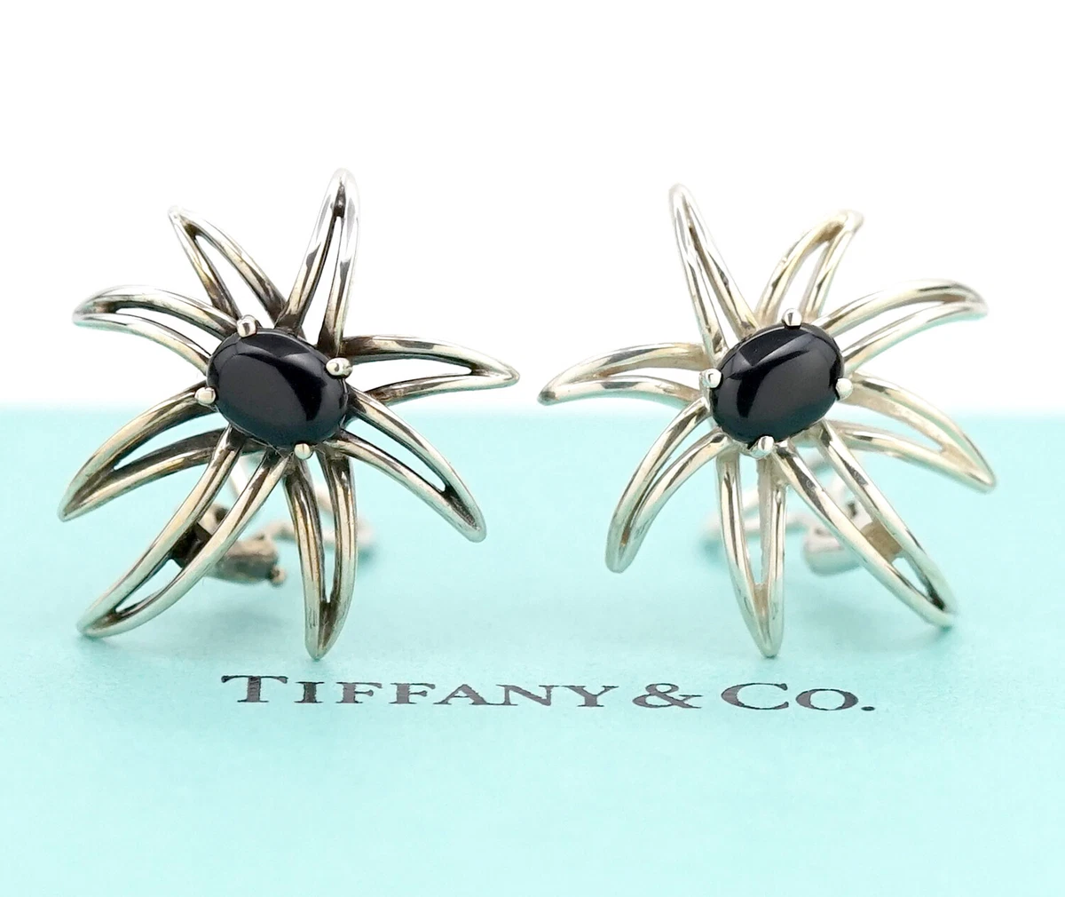 TIFFANY Co Fireworks Onyx Earrings Sterling Silver 925 Clips w BOX v1807