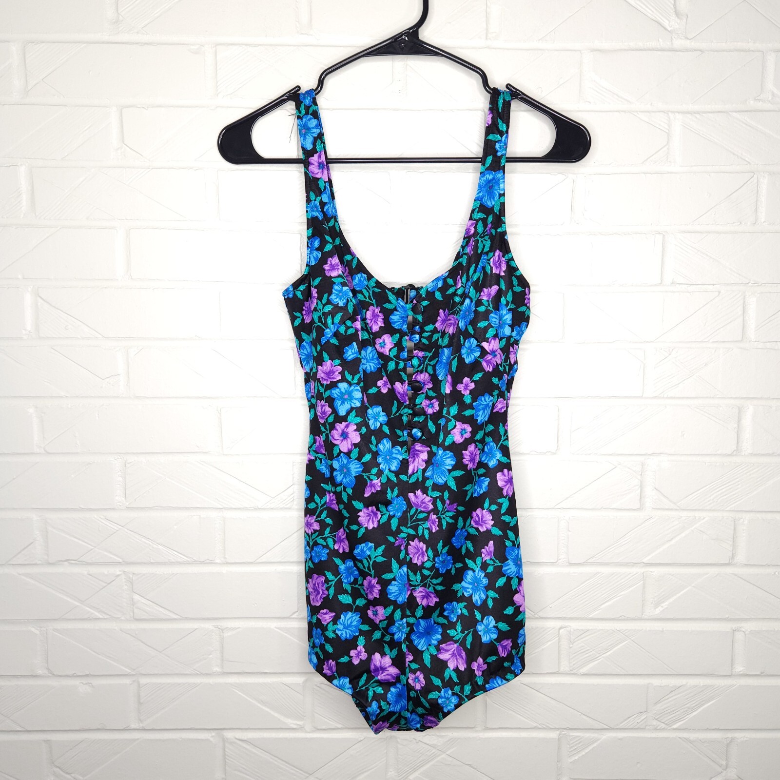 VTG Maxine of Hollywood Blue Purple Floral Print Pin-Up One Piece Swimsuit 14