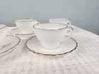 4 Vintage Anchor Hocking Milk Glass Swirl Gold Trim CUP & SAUCER Sets