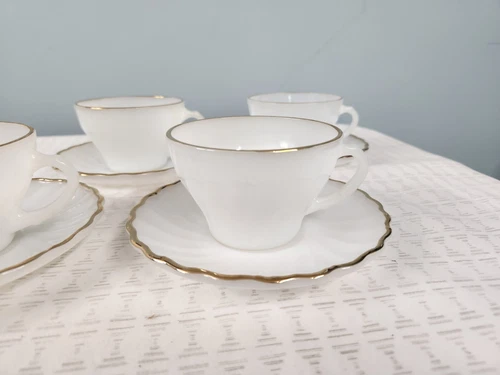 4 Vintage Anchor Hocking Milk Glass Swirl Gold Trim CUP & SAUCER Sets