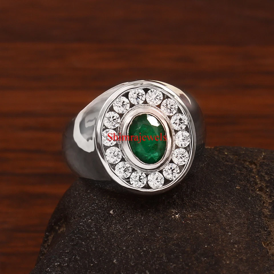 Labor Erstellt Smaragd Edelstein Mit 18K Weiß Vergoldet Silberring Für Men #1103 - Bild 3 von 4