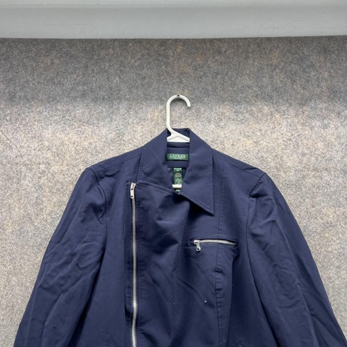 Lauren Ralph Lauren Moto Jacket Women 14P Petite Blue Full Zip Side Zip Wool - 第 2/12 張圖片