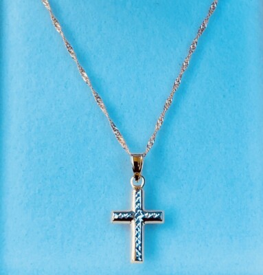 9ct Gold Two Tone Diamond Cut Reversible Cross + 9ct Gold Singapore Chain NEW