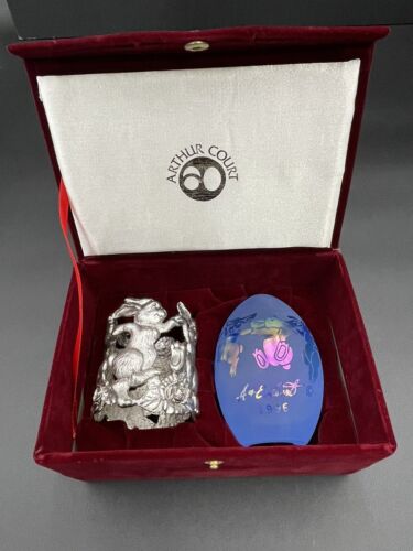 Rare Paperweight Frost Blue Iridized Glass Egg Metal Stand Velvet Box 1996 Gift - Picture 3 of 24