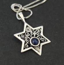 Vintage Star of David Necklace Filigree Sterling Silver Judaica Blue Stone Gift