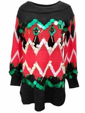 Womens Black Red White Green Sequin Shiny Christmas Holiday Tunic Sweater Top