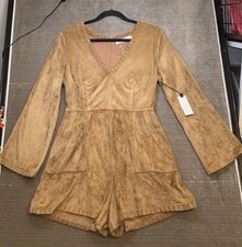 Astr the label Shorts Romper Medium Long Sleeve-Brown Suede Look Lined Boho Soft