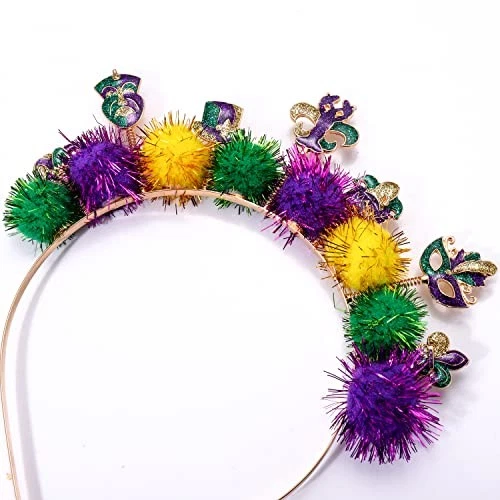 Diadema Mardi Gras púrpura verde dorado bola esponjosa lazo para el pelo disfraz sombreros  Foto 4 de 4