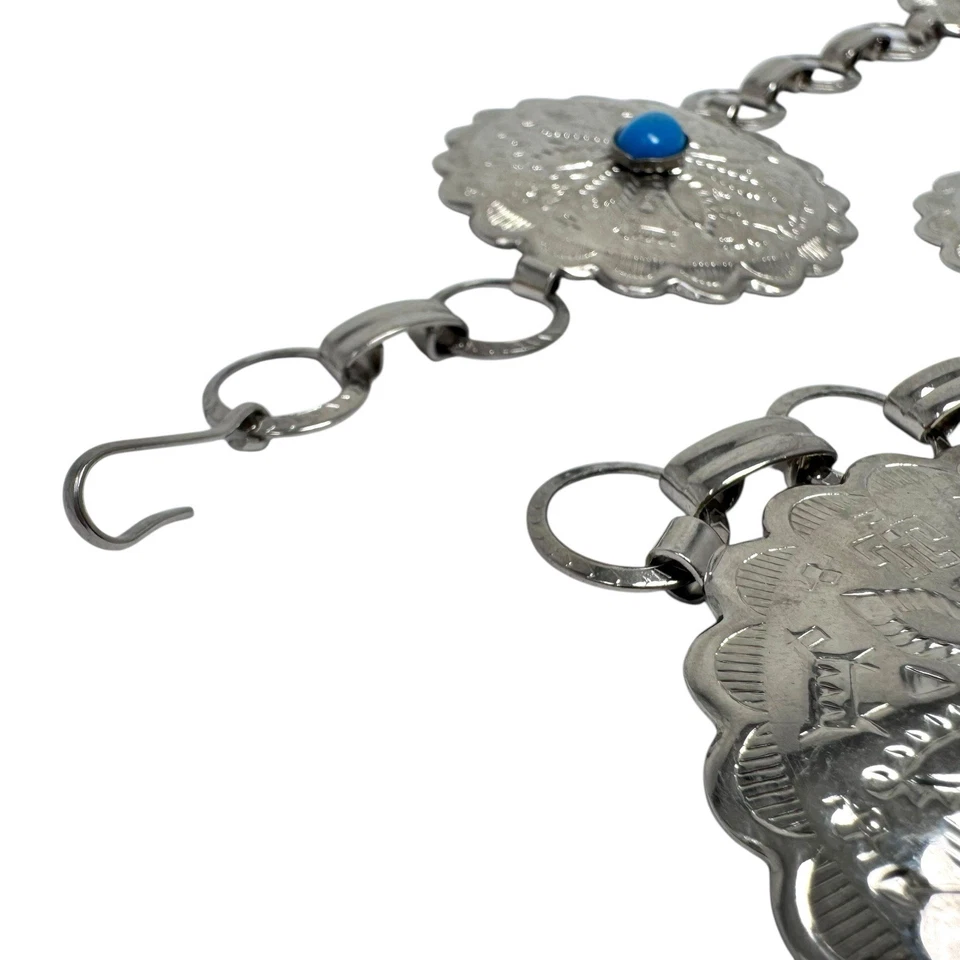 "Cinturón Western Concho tono plata de colección con cabujones festoneados y color turquesa 36""" Foto 2 de 4