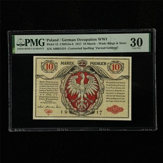 Polonia/Ocupación alemana 1917 Primera Guerra Mundial 10 Marek Pick #12 PMG 30 muy fino