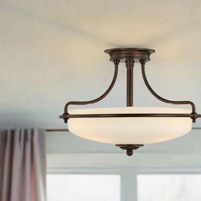 3-Light Ceiling Semi Flush Mount Lighting Fixture in Palladian Bronze with Opal